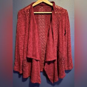 Burgundy Open Knit Cardigan With Lace Inlay Detail.